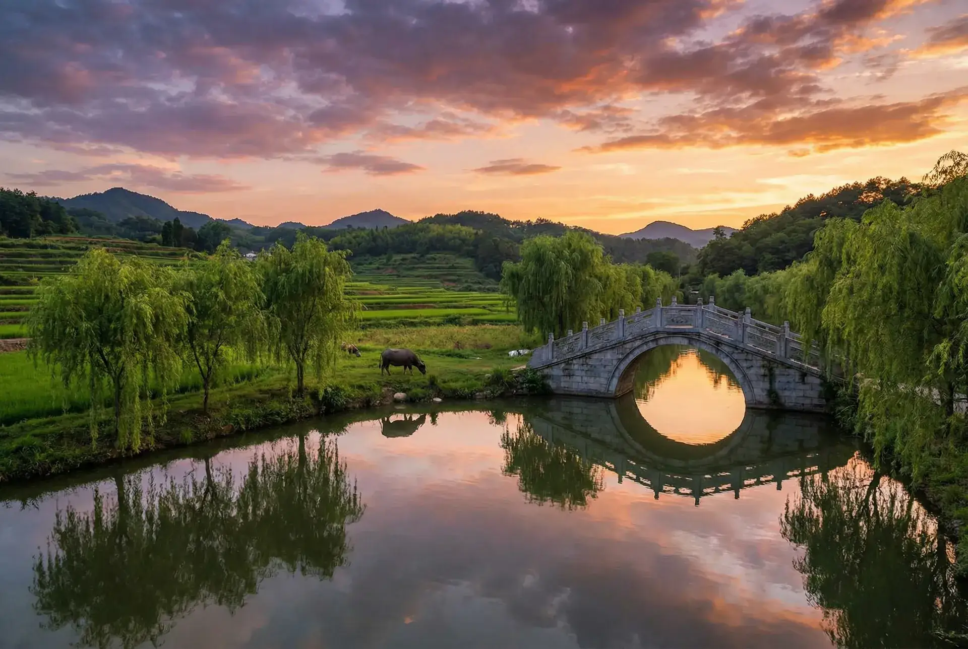 夕阳下的石拱桥与垂柳，水牛在河边吃草 - 216xx 乡村美景